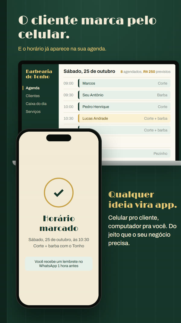 App de barbearia: o cliente marca o horário no celular e ele aparece na agenda do computador